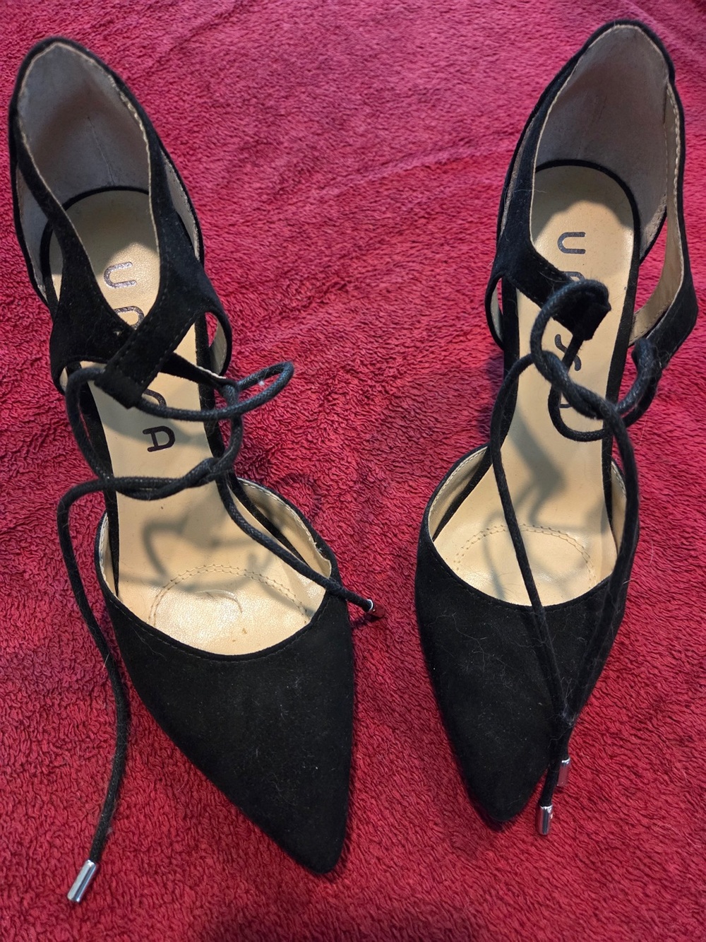 Unisa Black Suede Slingback Pointed Toe Lace-Up Heels